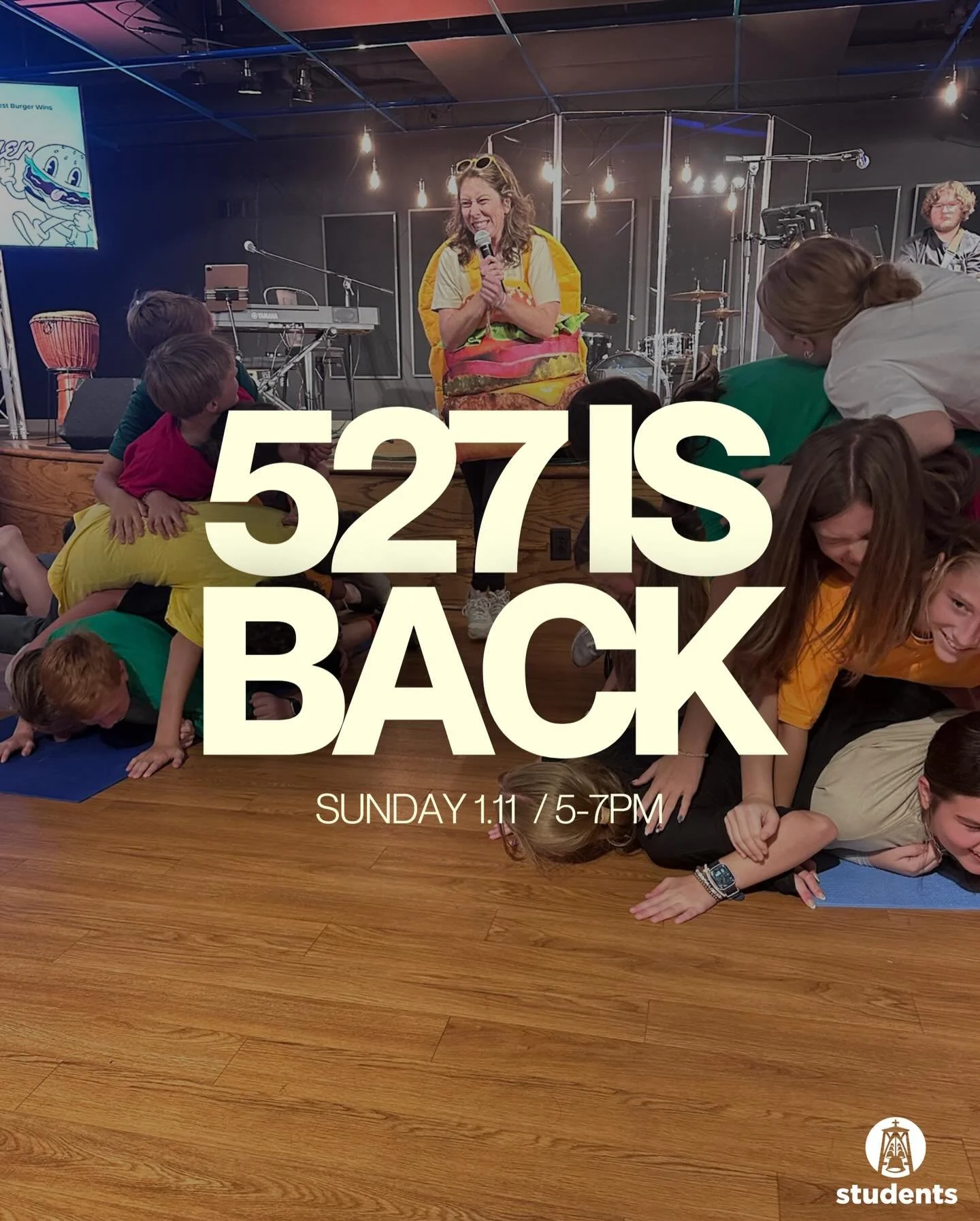 Cue the comeback.

The wait is over!! 527 is back this Sunday (January 11) with games, worship, Zaxby&rsquo;s and prizes. Bring a friend, bring your Bible, and bring good vibes. We&rsquo;re back bby 🤘