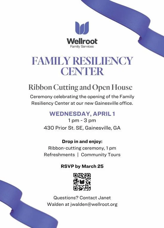 Join us as we celebrate something truly special in our community on Wednesday, April 1 from 1-3pm. 

Wellroot Family Services is opening its new Family Resiliency Center in Gainesville, and you&rsquo;re invited! 

Come for the ribbon cutting, stay fo
