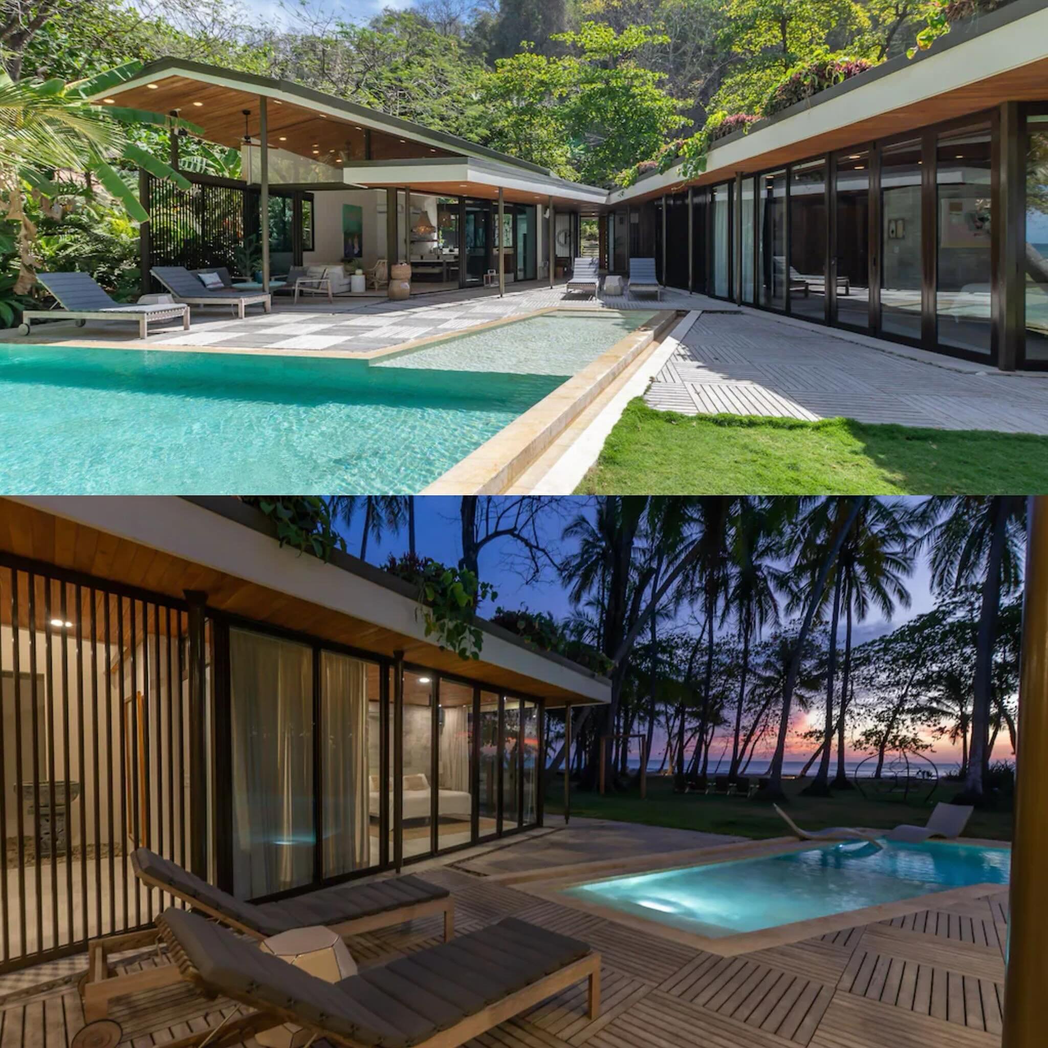 I can&rsquo;t decide if I like this house better during the day or night. That sunset is unreal. #biographicaldesign #interiordesign #dayandnight #nightandday #tropicalmodern #beachhouse #pacificocean