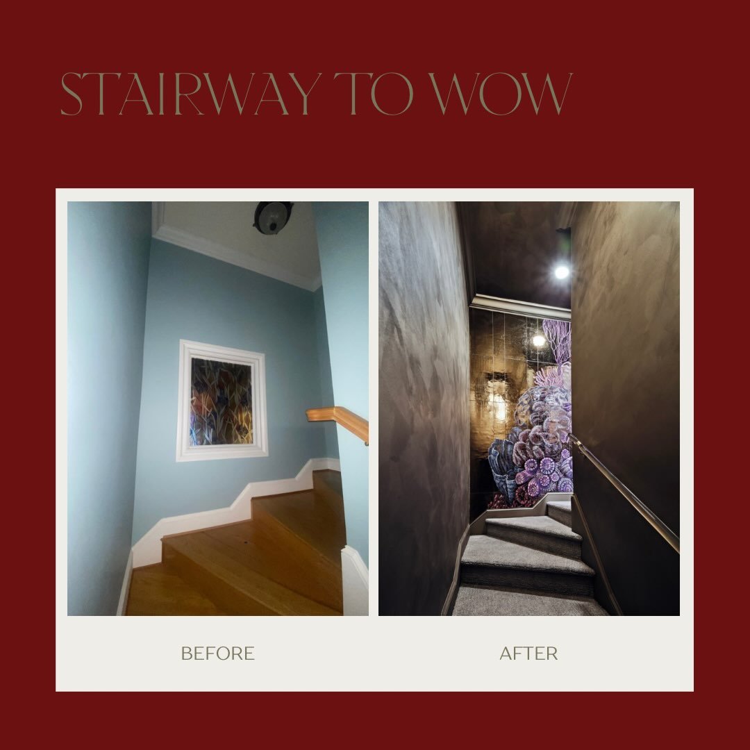 Never underestimate a stairwell. We transformed this once-forgotten pass-through into a dramatic design moment with moody plaster walls, reflective finishes, and an immersive underwater mural.

Sometimes the smallest spaces make the biggest impact.


