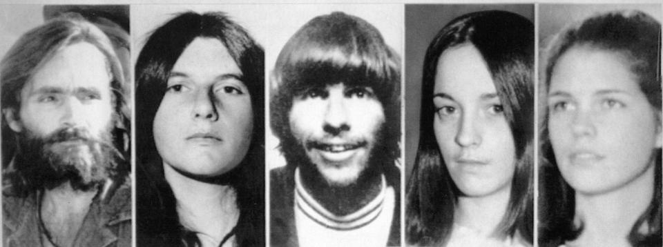 From Left to right. Murderers Charles Manson, left, with Patricia Krenwinkle, second left, Susan Atkins, second from right, Leslie Van Houten, right. and centre Manson'r chief lieutenant Charles "Tex" Watson centre