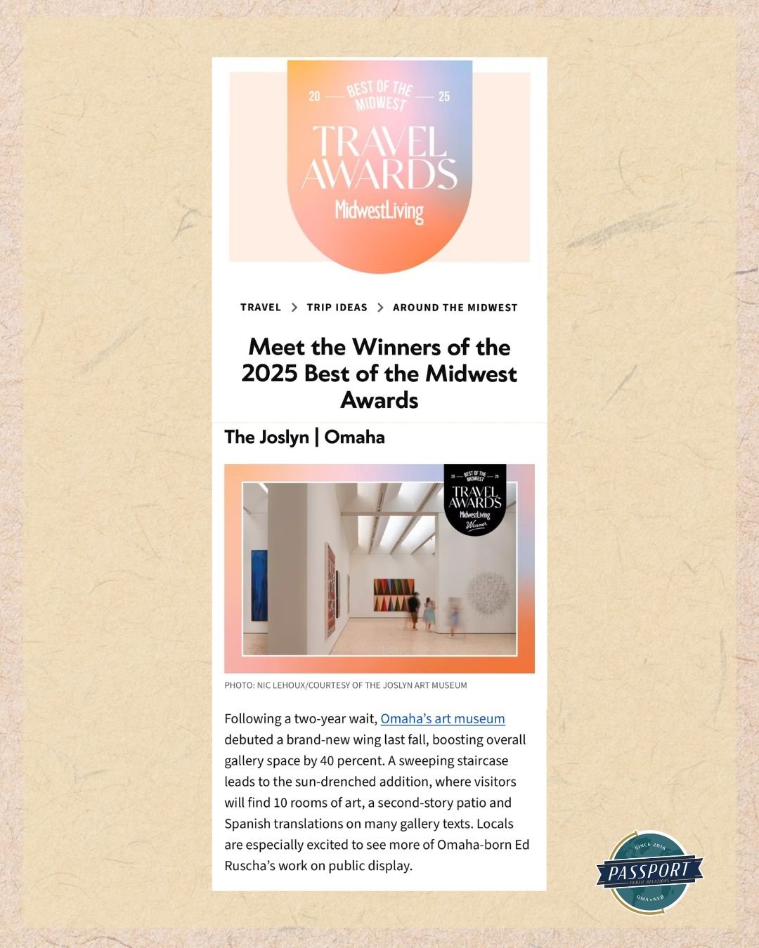 🏆 Big congratulations to @joslynartmuseum for being named Best of the Midwest Award Winner 2025 by @midwestlivingmag! 🎉

From world-class exhibits at The Joslyn to unforgettable experiences, Omaha continues to shine as a top destination in the regi