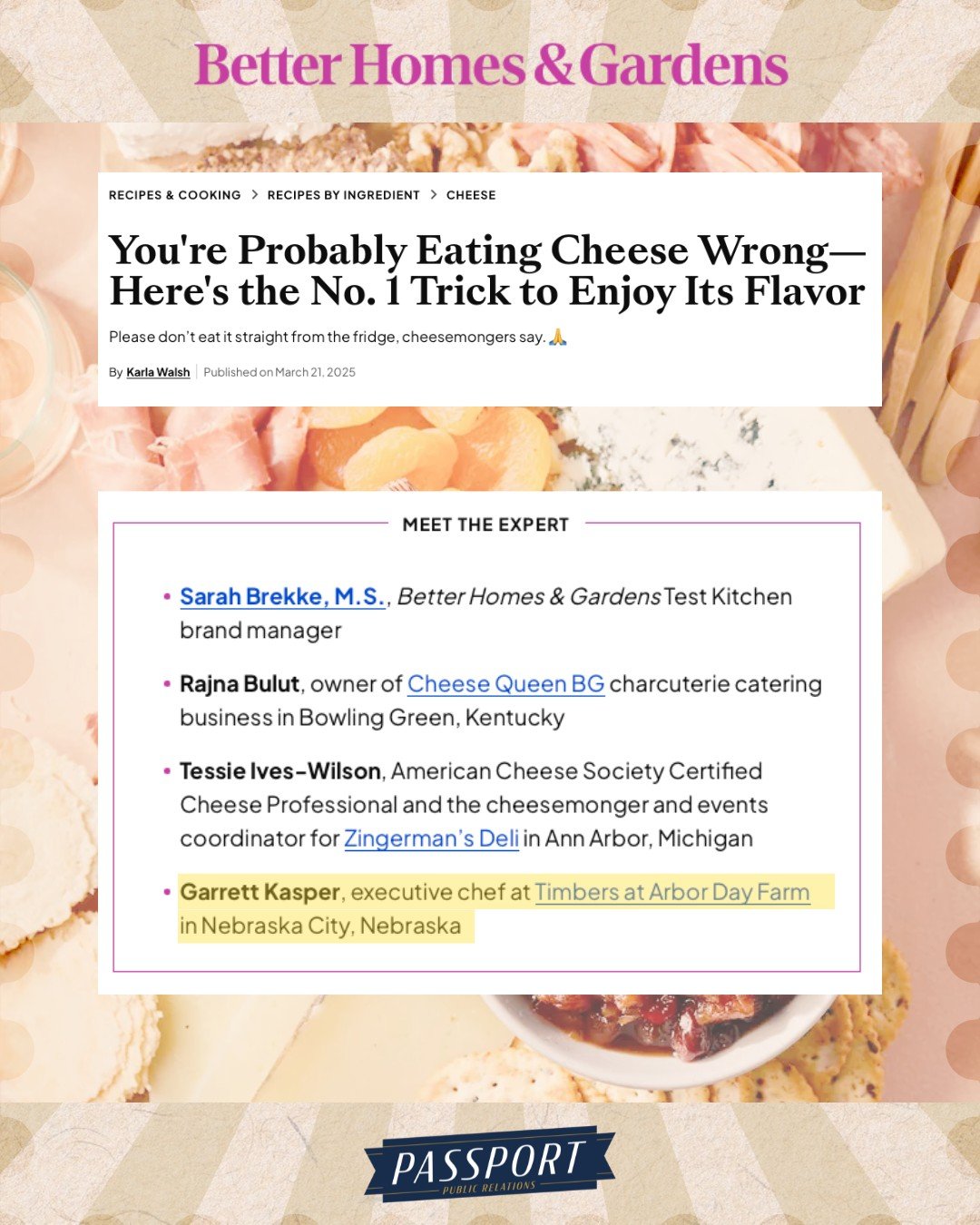 BRB, going to check our fridge! 🧀 

If you are a charcuterie lover looking to embrace your inner cheesemonger, check out these tips for improving your snacking experience from @betterhomesandgardens @karlaswalsh featuring @arbordayfarm's Garrett Kas