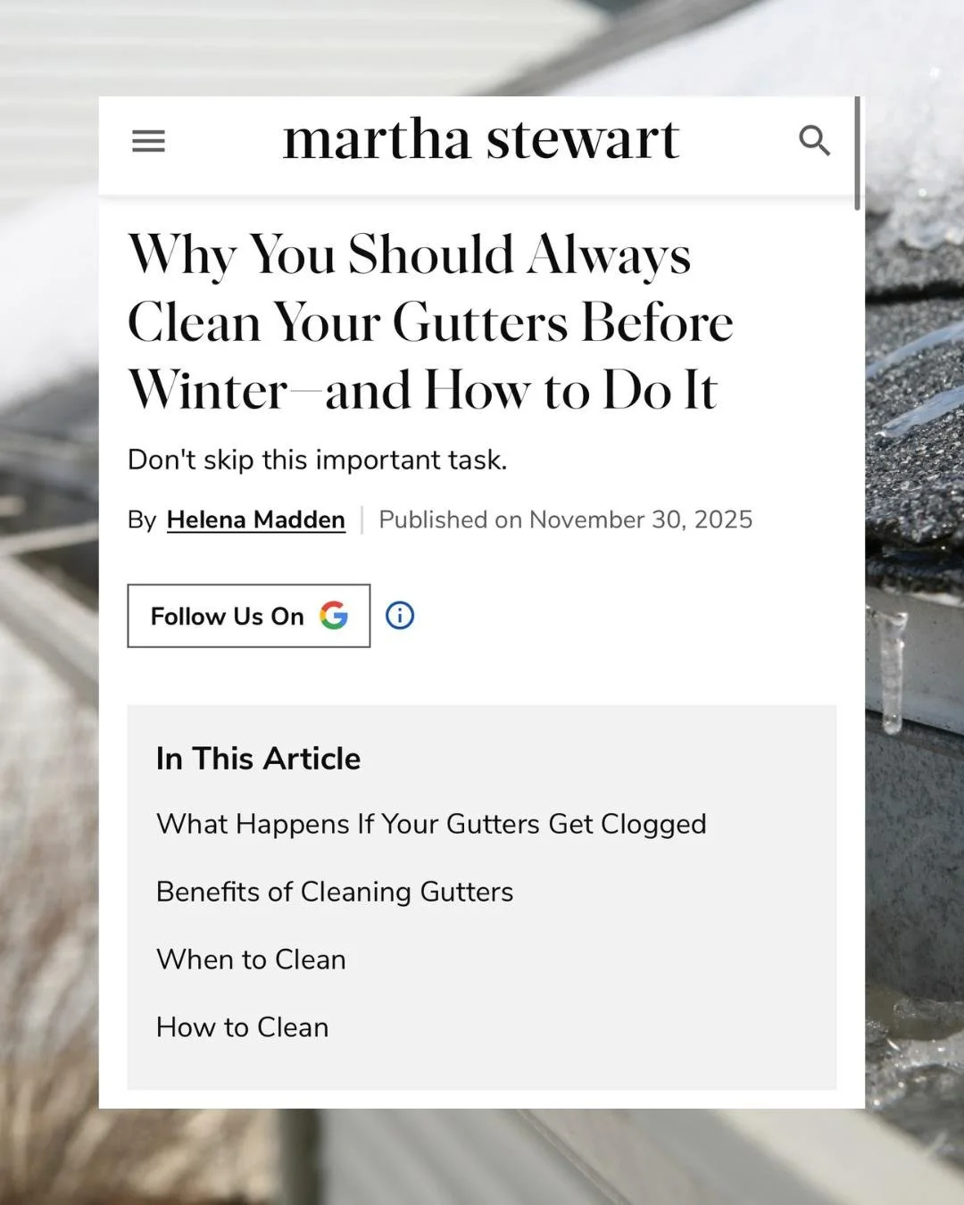 Winter weather is tough on homes, and @marthastewart turned to @thrasherfoundationrepair for expert advice. James Hartkorn explains how clogged gutters can cause water to travel where it shouldn&rsquo;t, leading to costly foundation problems.

Thrill