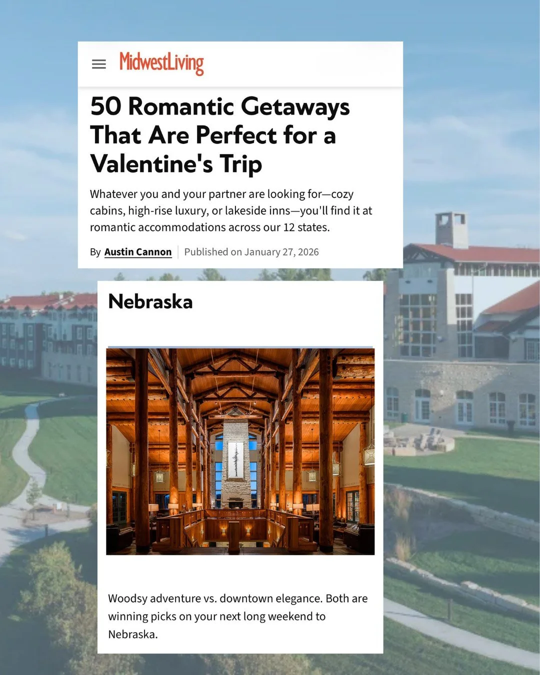 Happy Valentine's Day! Did you catch Lied Lodge at @arbordayfarm Farm featured in @midwestlivingmag as one of the Midwest&rsquo;s most romantic Valentine&rsquo;s getaways? Cozy, scenic, and seriously swoon-worthy! It's one of our favorite getaways an