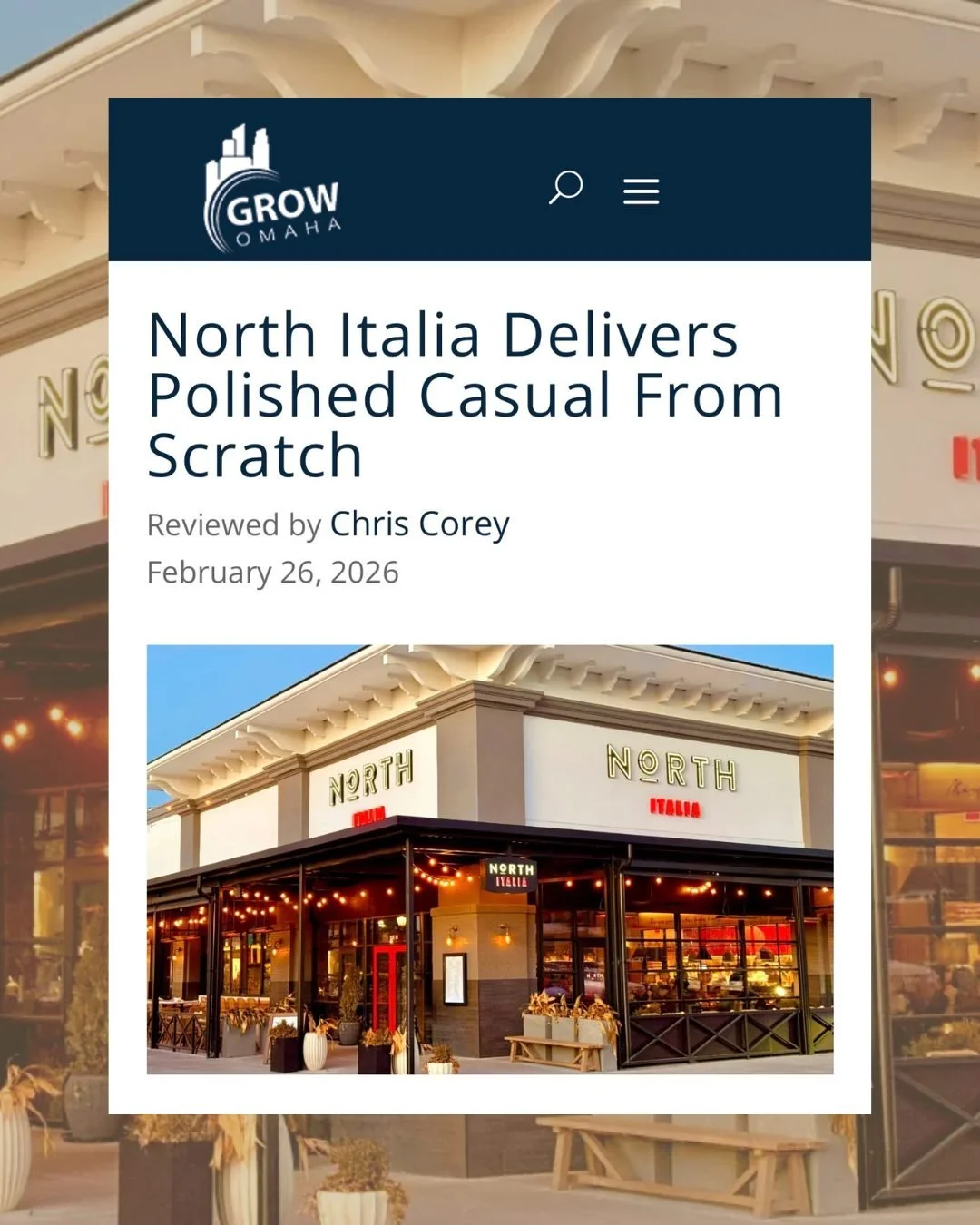 North Italia was recently reviewed by @growomaha, showcasing the brand&rsquo;s continued growth and presence in Omaha. Make sure to check out @eatnorthitalia's warm space and good food!🍷