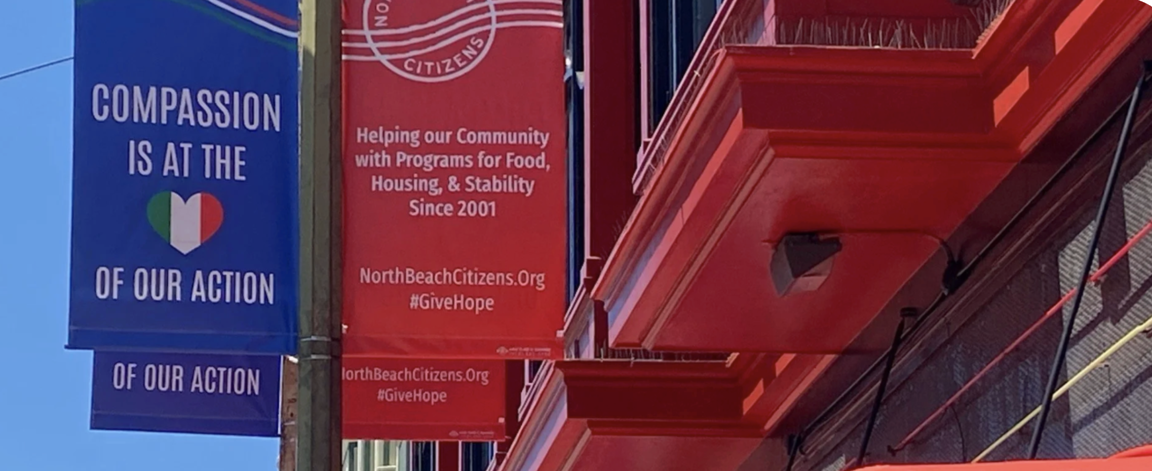 North Beach Citizens helping the community with food, housing, and stability programs since 2001, along with the website 'NorthBeachCitizens.Org' and hashtag '#GiveHope'.
