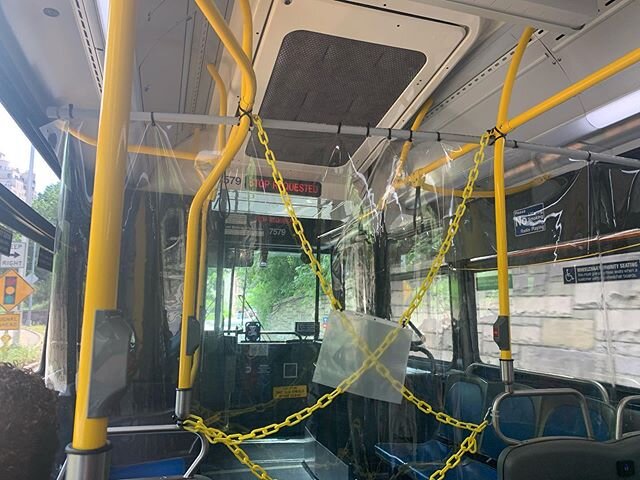 So this is what riding in a public transportation bus looks like in NYC. The front portion is all blocked off with these chains and separated by plastic sheets from the back of the bus. So the bus driver is protected from passengers but I didn&rsquo;