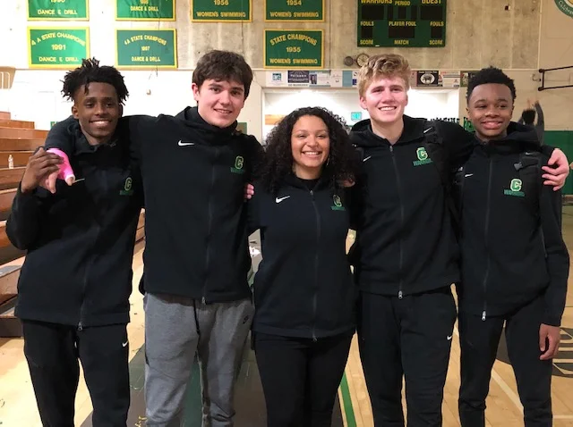 Seniors Nuradiin Hilhole, Cassel Evens, John Carr, and Myles Walker with Coach Jaz 2018-19