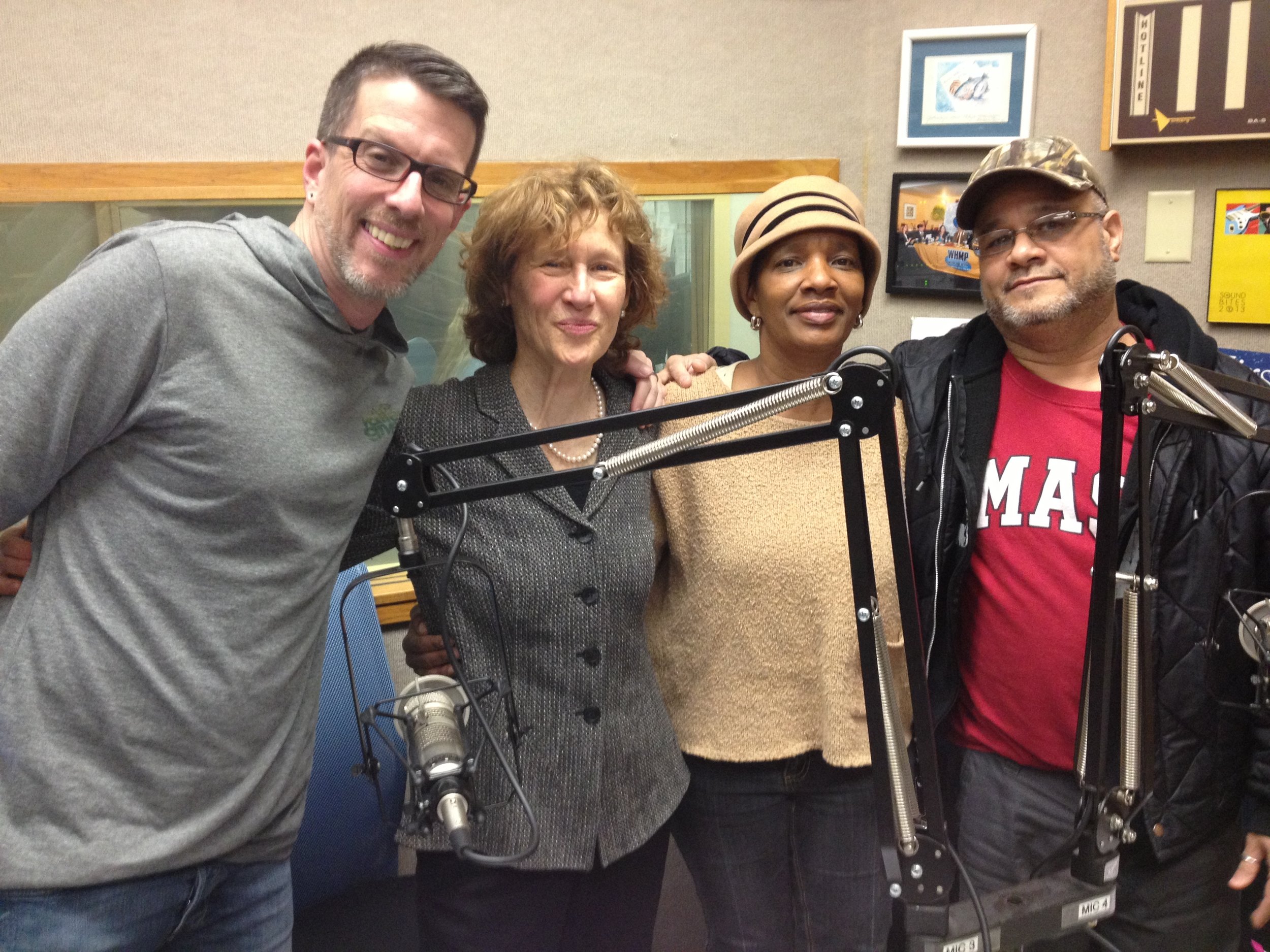 Judith Roberts and Literacy Project students Manny and Maria join Michael Kusick to create a radio spot for Valley Gives Day. 