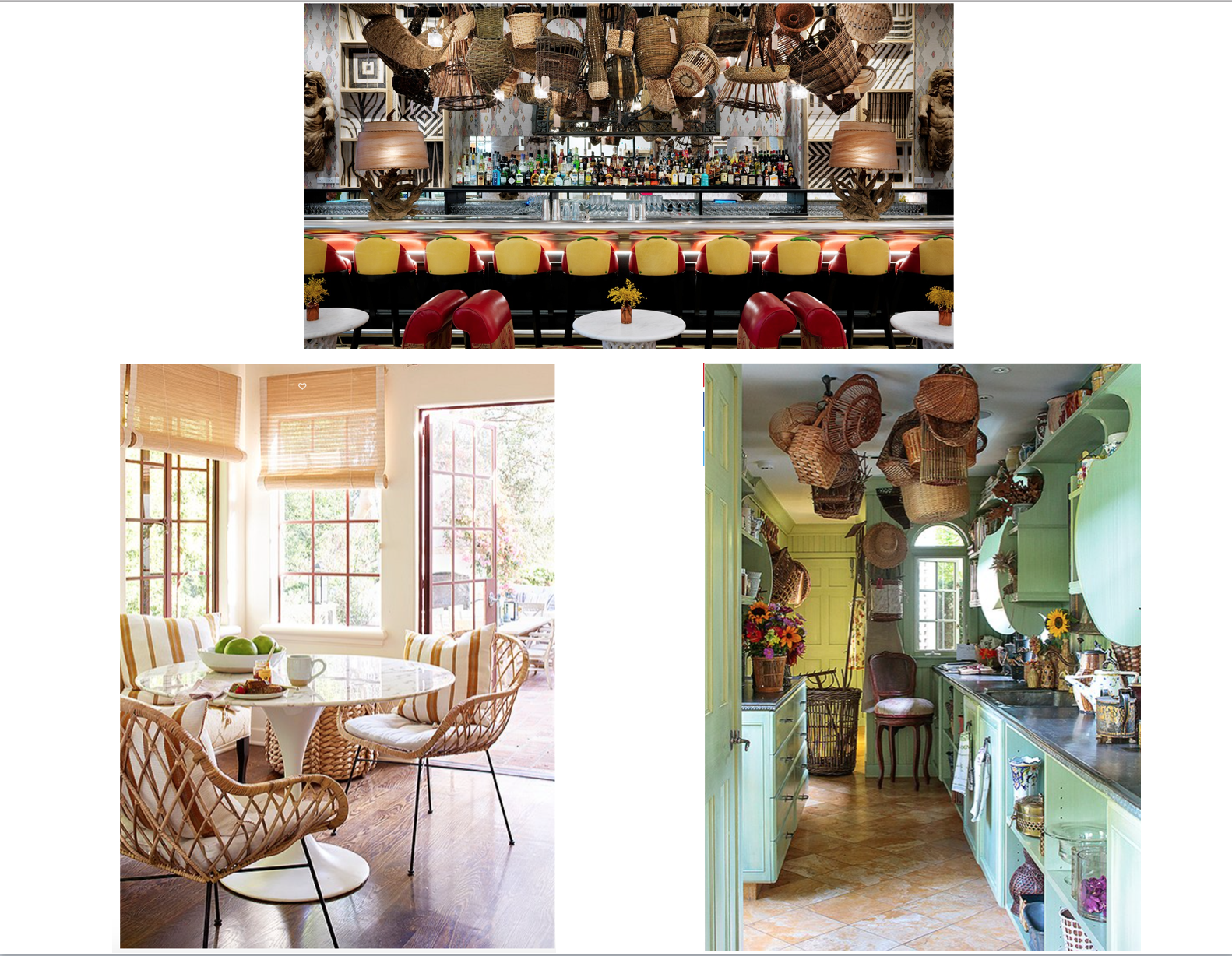 TOP: Baskets at the Whitby Bar at The Whitby Hotel, BOTTOM LEFT: Via "Home Again" movie, BOTTOM RIGHT: via Garden Inspirations by Charlotte Moss
