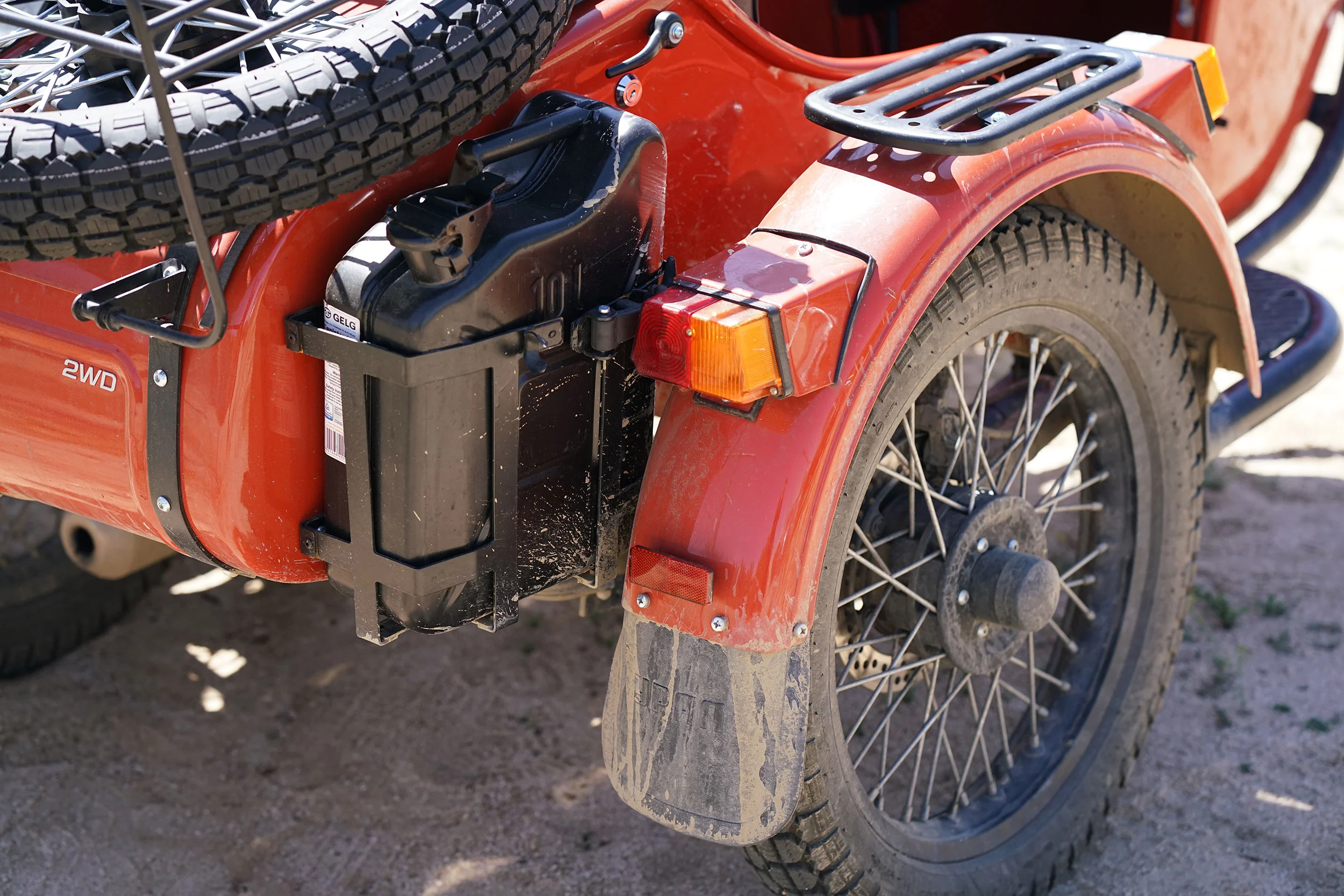Gear Up in Terracotta Red, standard equipped jerry can came in handy on the long back trails.