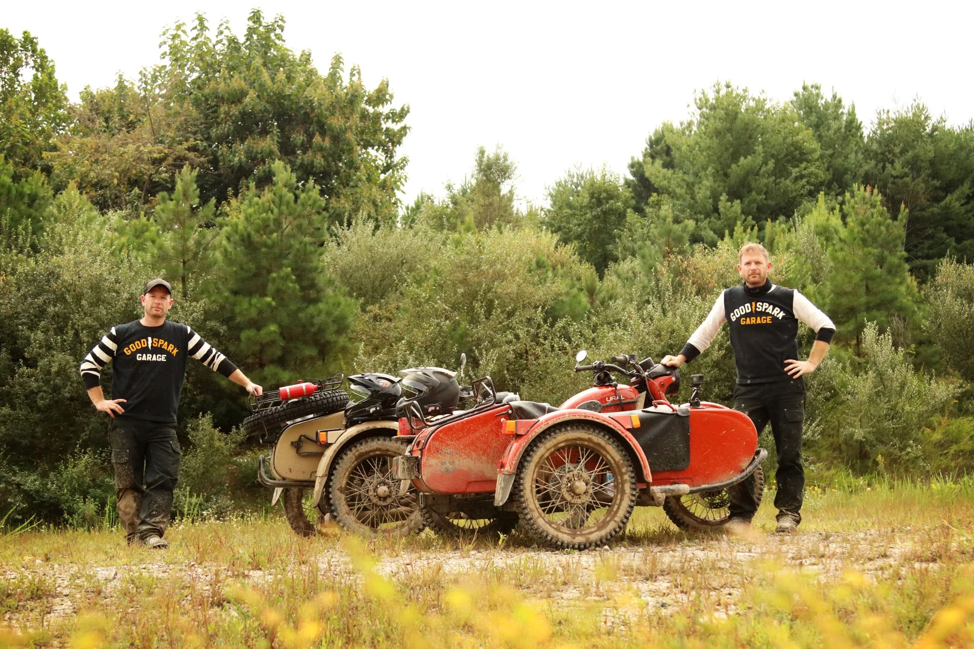 Casey and Corey Wilkinson with their Gear Up Sahara (left) and Ural cT (right).