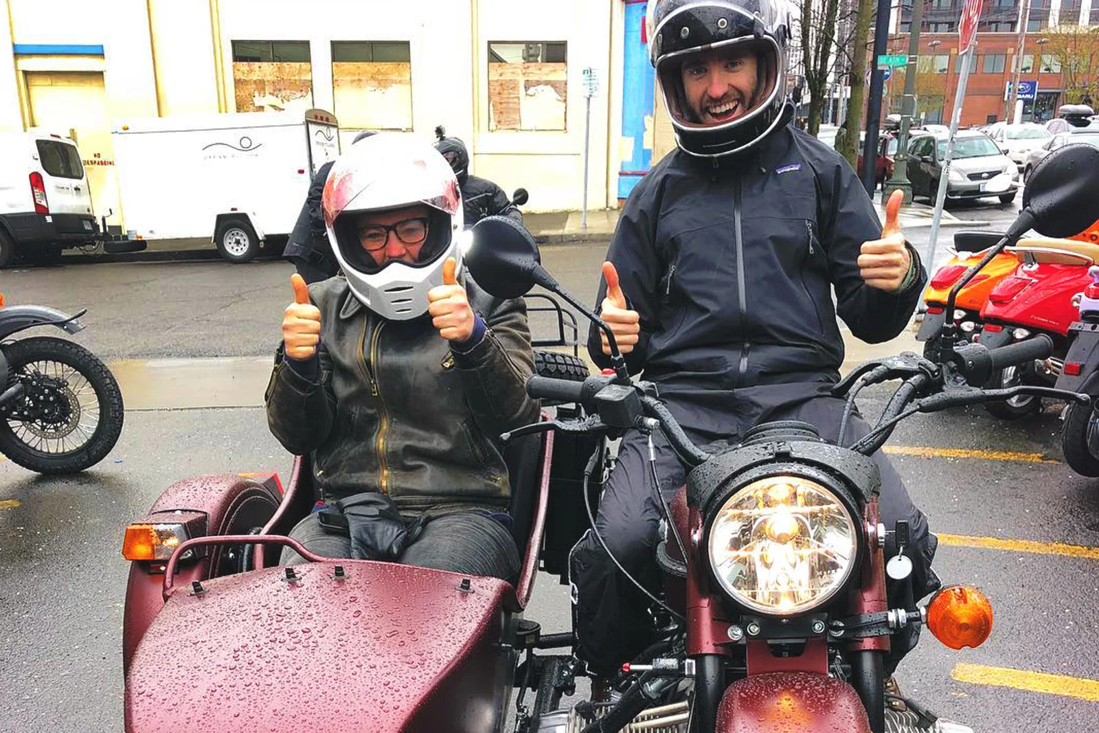 "RAIN or Shine" test riders at Ural Portland .