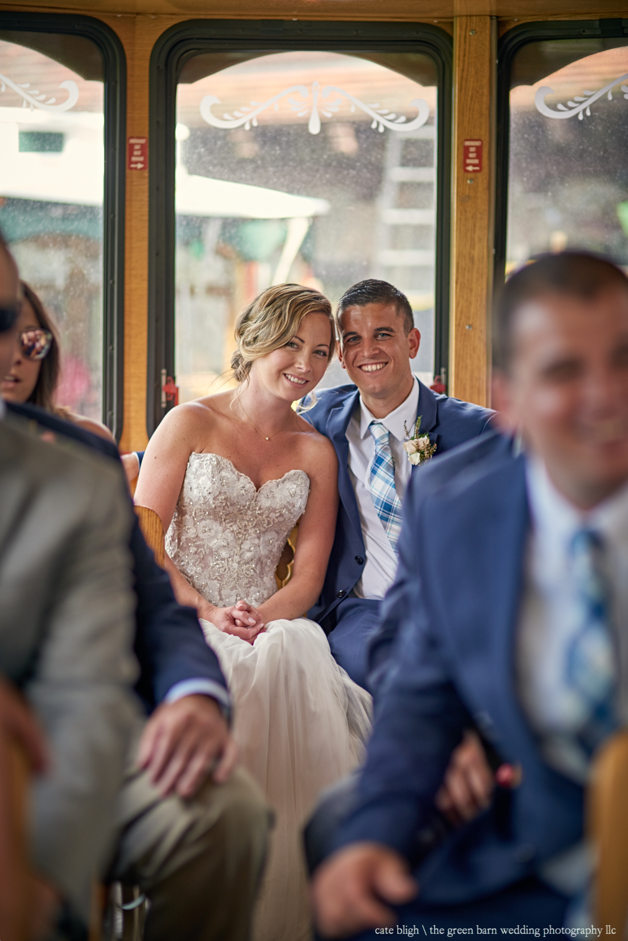 Bride and Groom in trolley at Castle in the Clouds outdoor wedding NH