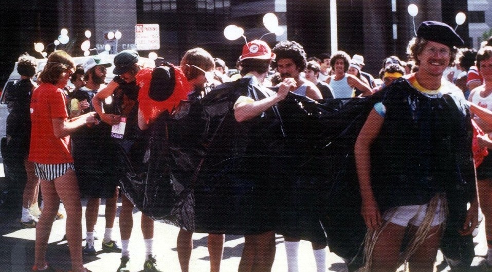 The 13 Members of the World’s First Centipede in the 68th Annual Bay to Breakers Race, May 14, 1978: Doug Peck, Ed Schelegle, Kevin Kirby, Dirk Rohloff, Dwayne “Peanut” Harms, Angel Martinez, Steve White, Geoff Adams, Pete Sweeney, Rob Anex, Dave Lopez, Mike Pratt and Jay Barrigan. Photo courtesy: Kevin Kirby