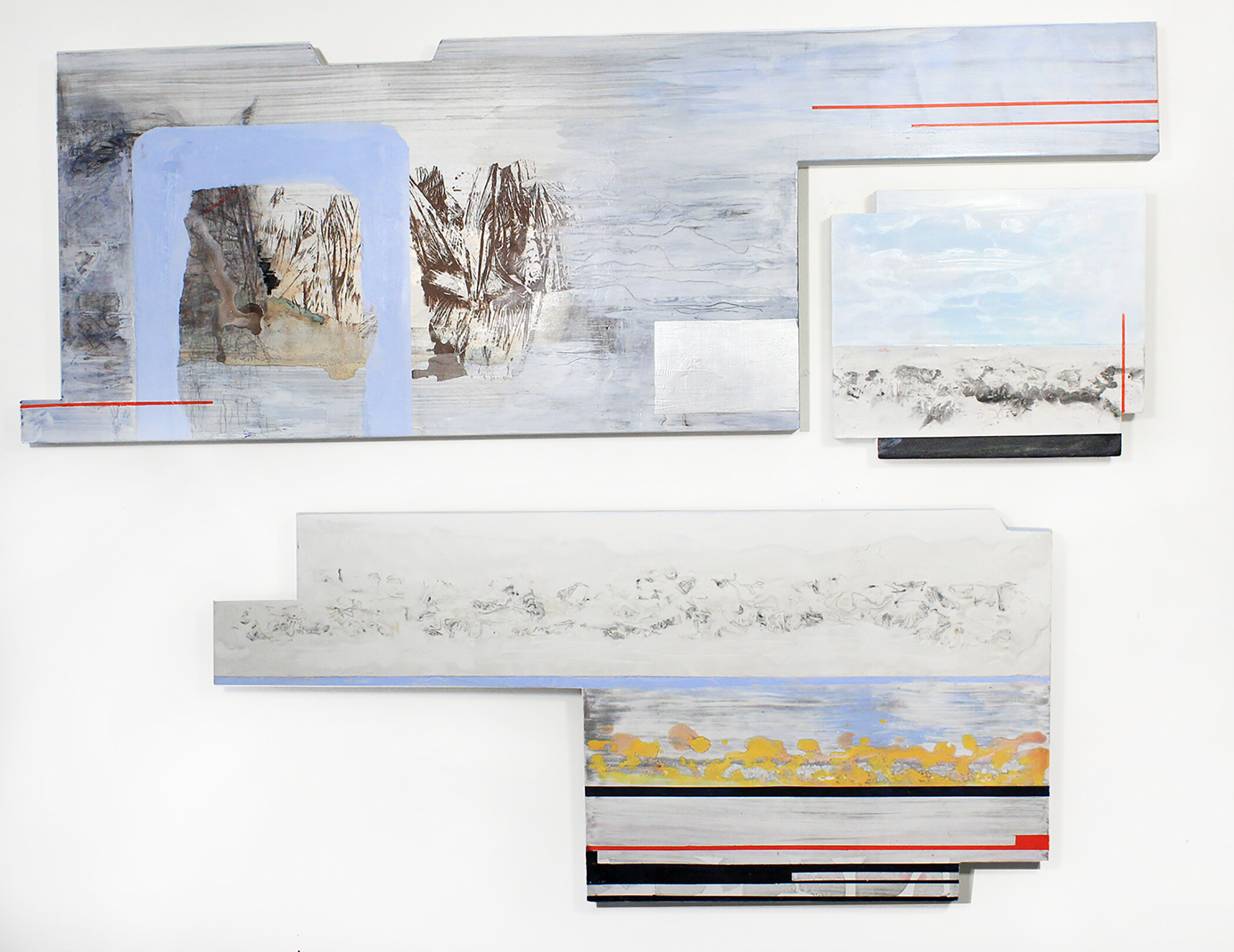 Teardown Group acrylic paint, paper, ink, marble dust on panels. 48x52x2” over all.