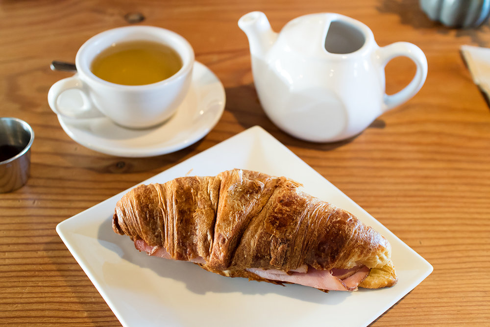  Jasmine tea with a tasty Ham &amp; Cheese (brie) croissant from Water + Leaves, a cafe at Old Fisherman’s Wharf. 