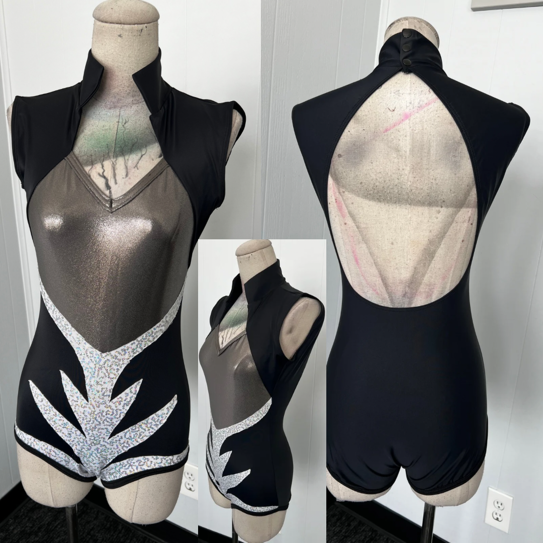 Black Leotard /w/ White Sequin Contrast and Gun Metal Bodice