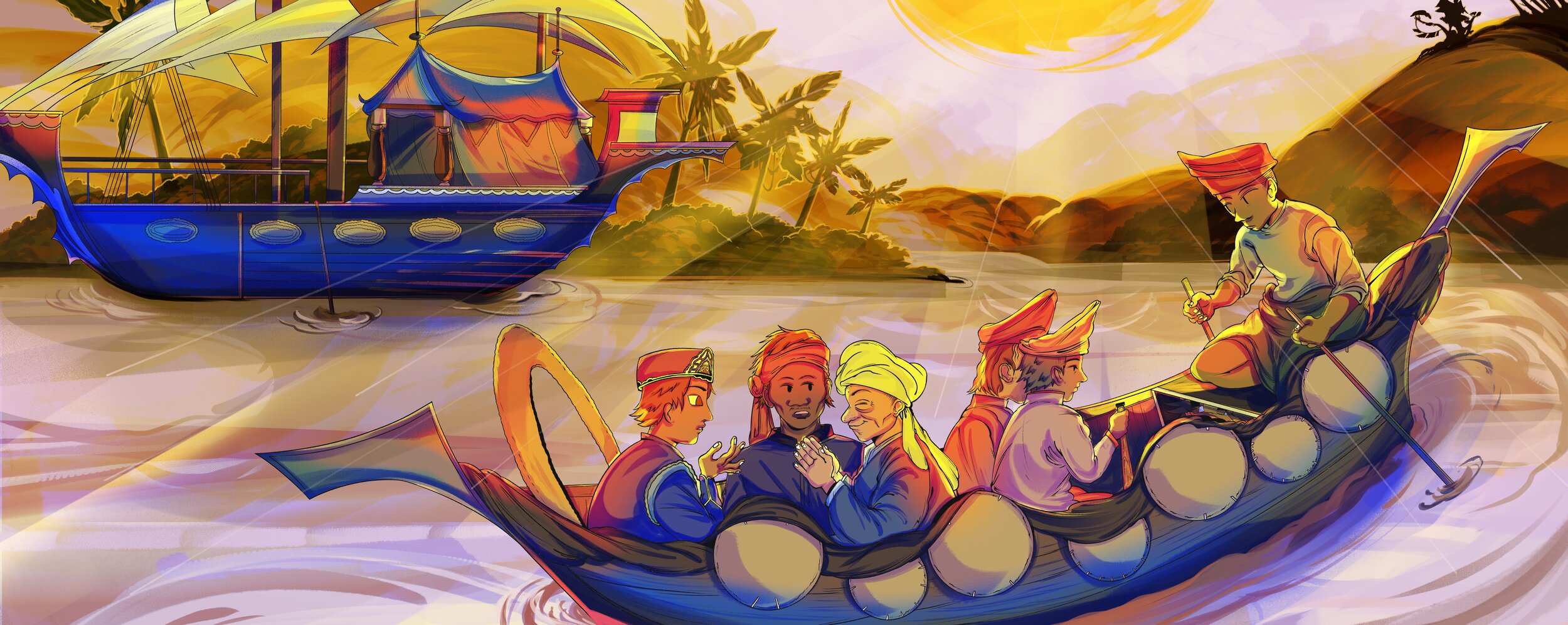 Belalang is hiding in the boat along with the Young Prince and his royal men, as they explain the answers to the riddles, unbeknown to the Young Prince.