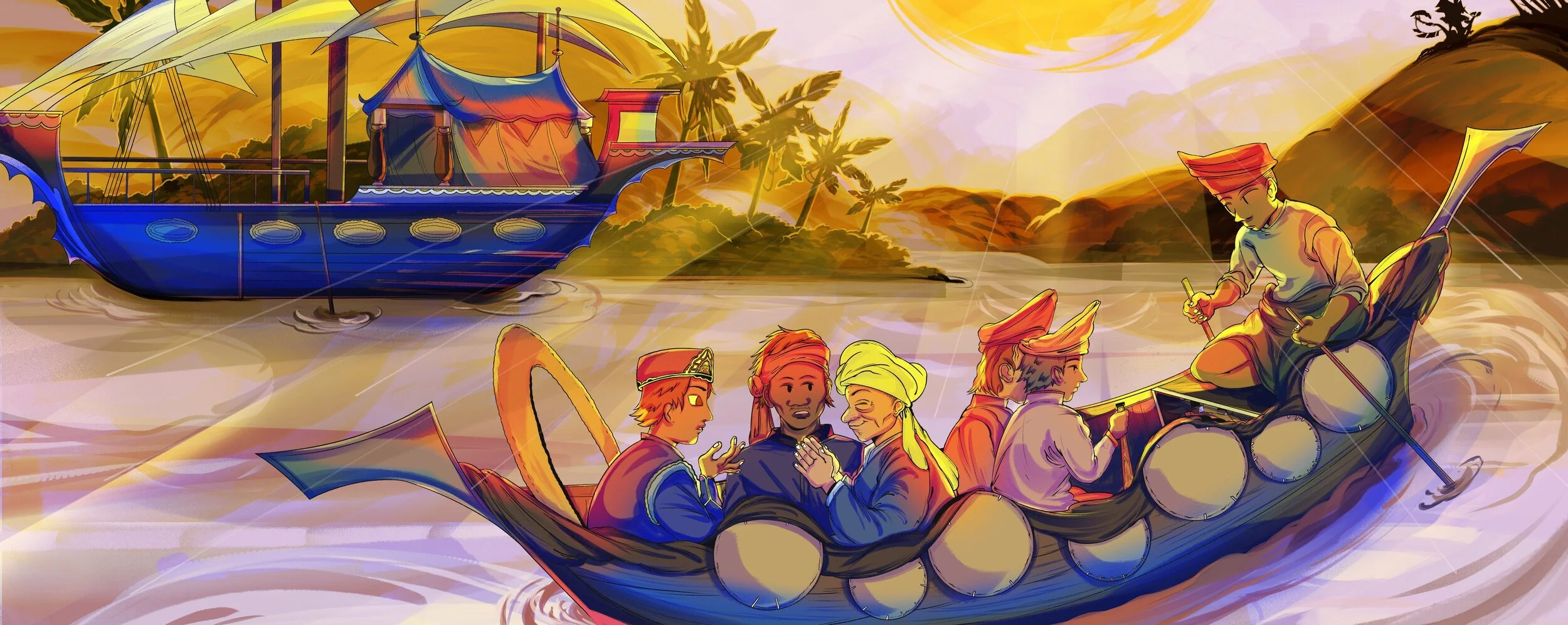 Belalang is hiding in the boat along with the Young Prince and his royal men, as they explain the answers to the riddles, unbeknown to the Young Prince.