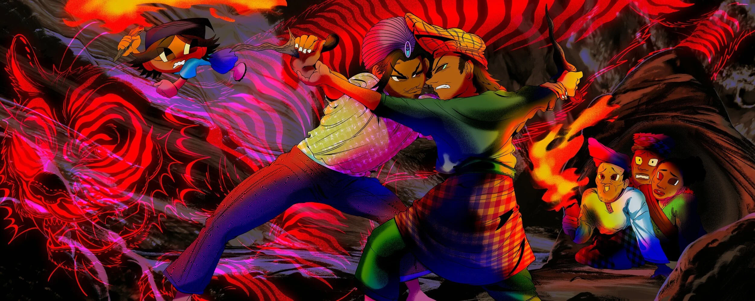Pak Belalang fights the thieves in a dangerous action fight, as Belalang is seen in the background riding a Tiger Shadow Puppet Spirit in his aid.