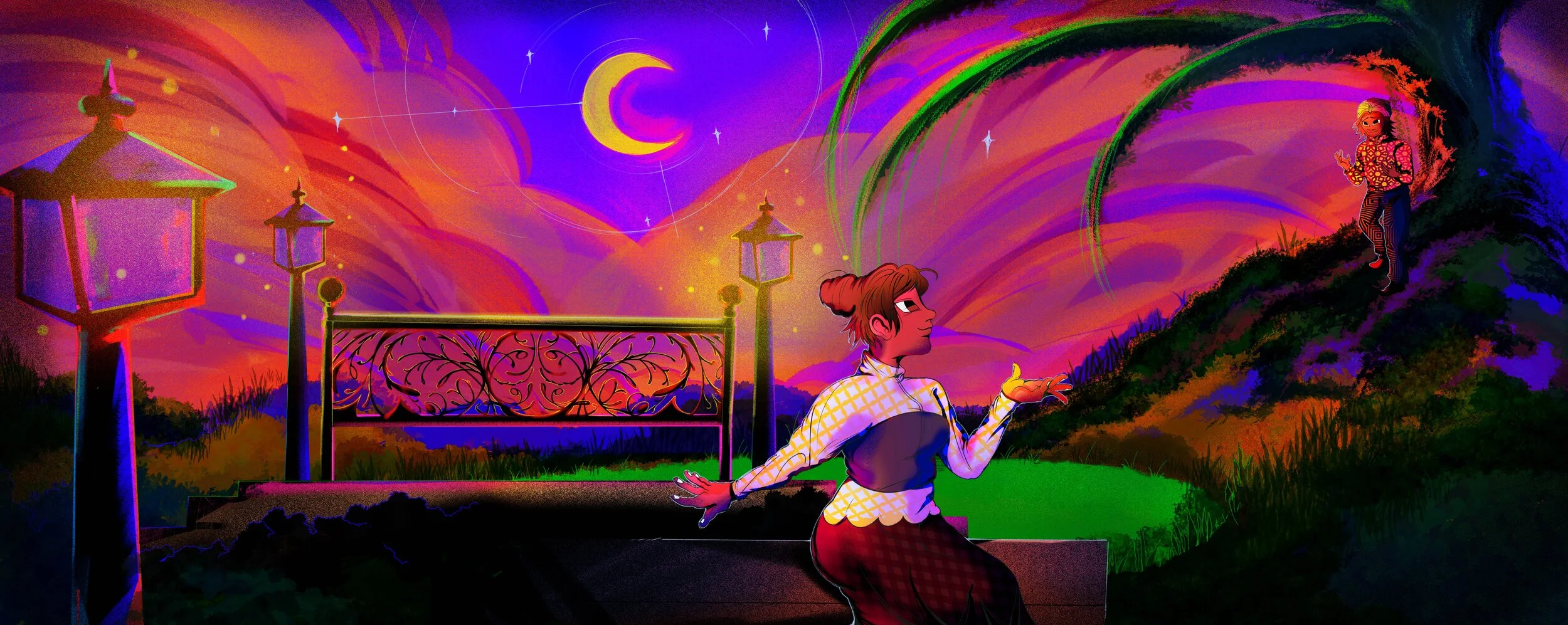 Pak Belalang and the princess meets secretly in the garden at night.