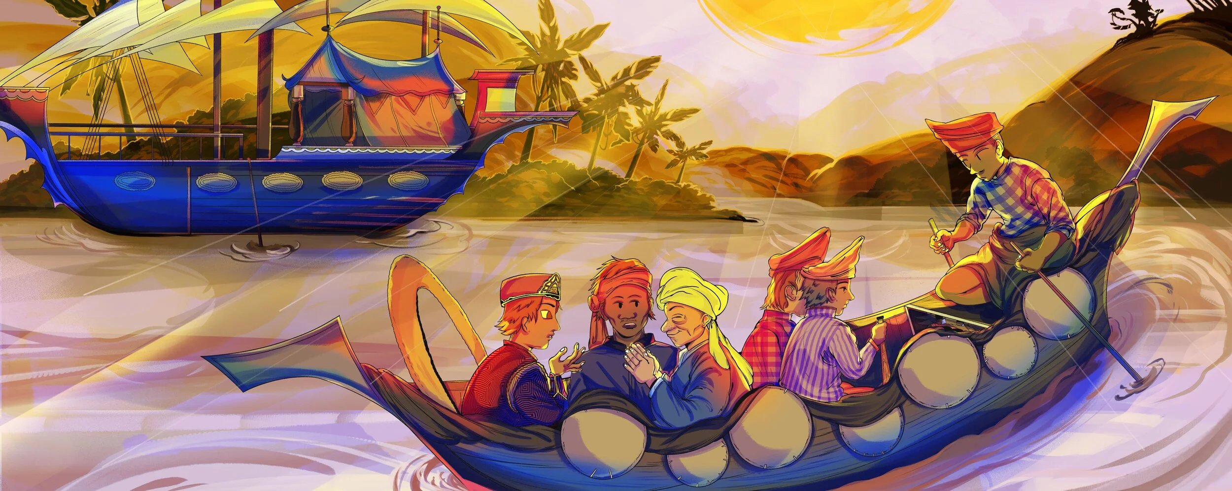 Belalang is hiding in the boat along with the Young Prince and his royal men, as they explain the answers to the riddles, unbeknown to the Young Prince.
