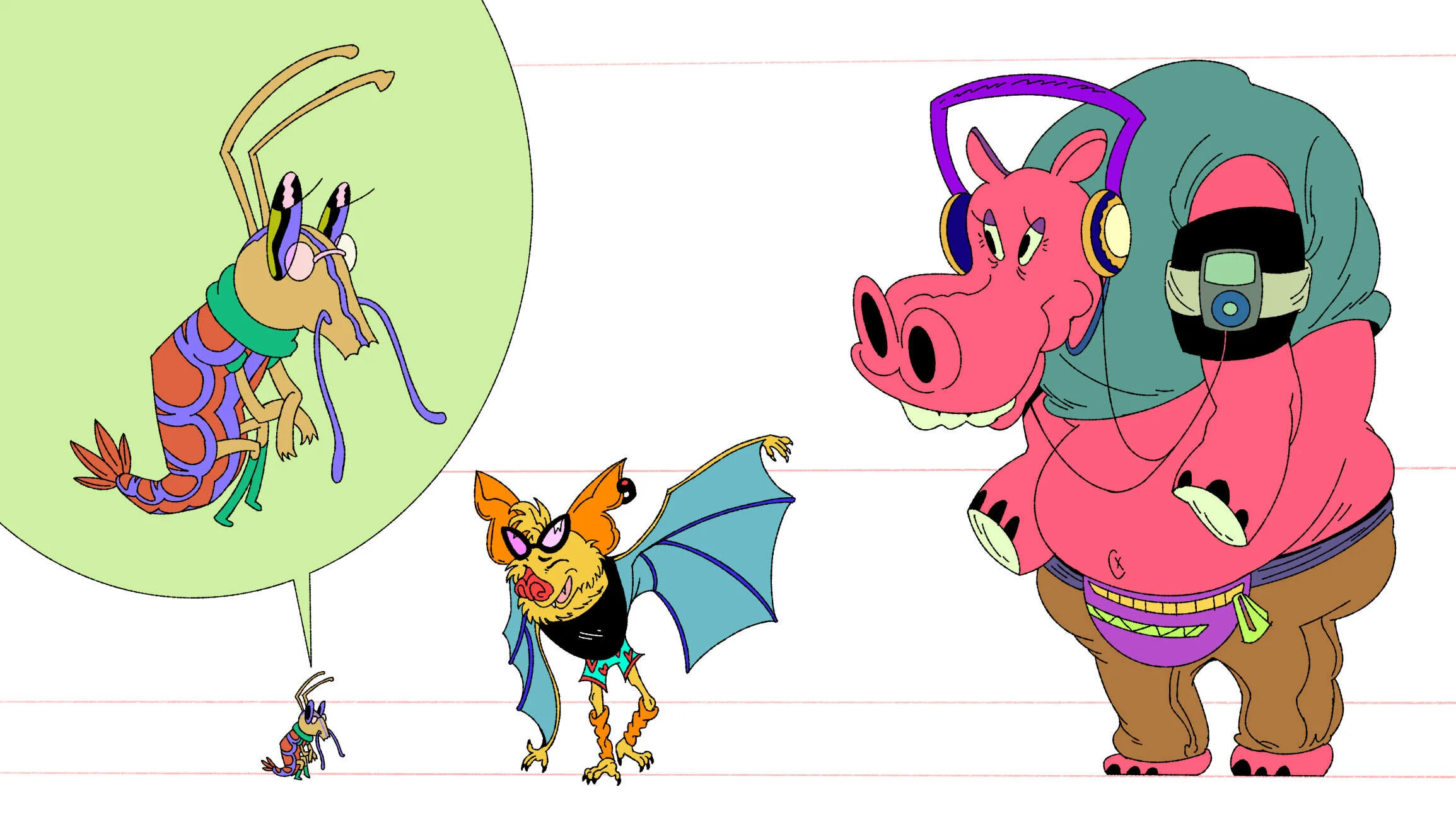 Anthropomorphic designs based on real animals, from left to right: Shrimpasta, Froot and Yippo