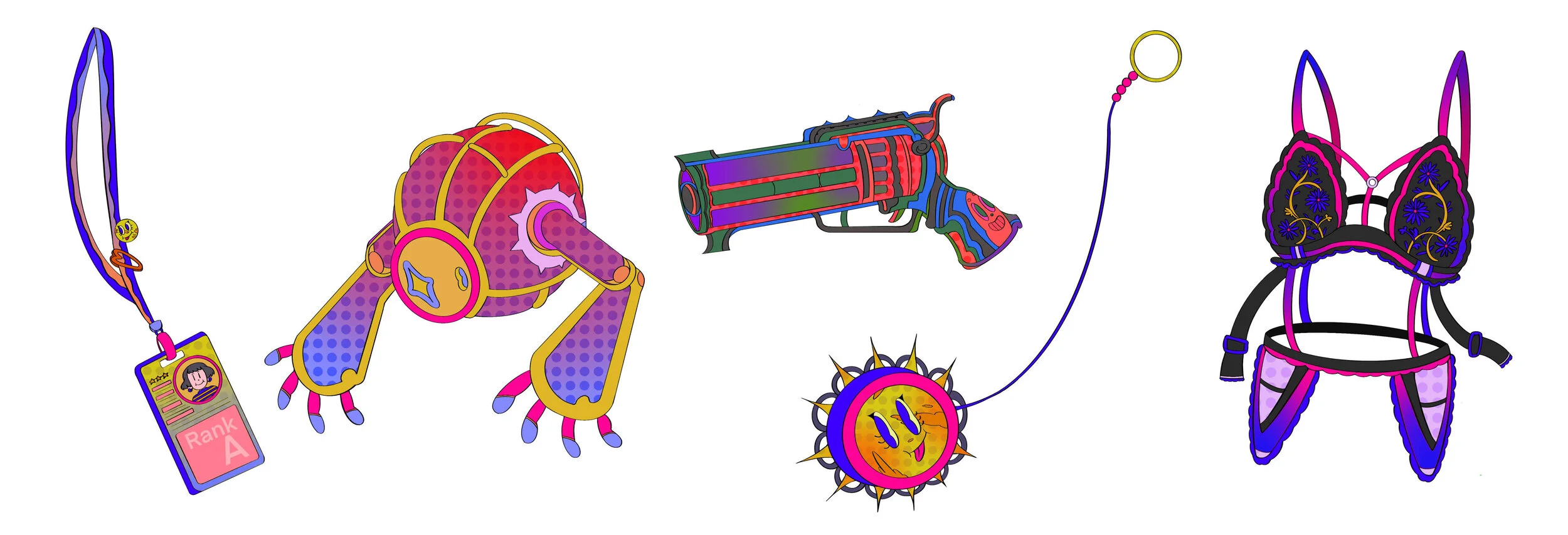 Props from “Drop Dead Gorgeous” Visdev project, from left to right: ID Card, Future Home Camera, DDG Gun, DDG Yoyo Weapon, DDG Lingerie