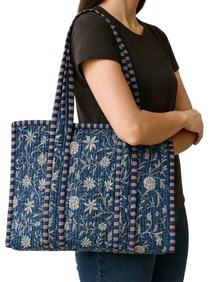 NEW DROP! Hand Block Printed Tote Bag
Your new go-to companion for everyday adventures and far-off getaways
🎁

100% Cotton, Double lined for durability, Soft quilted padding between inner and outer layers, Spacious interior with one large quilted po