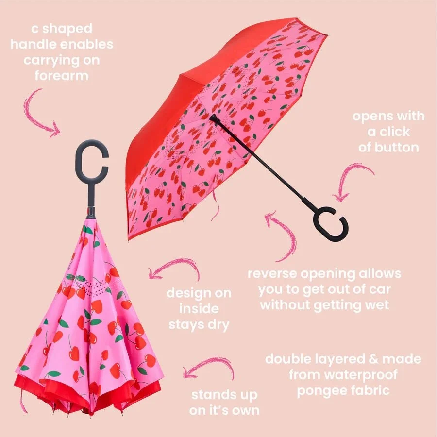Reverse umbrellas are back! Beautiful patterns and colours to suit all tastes . Reverse umbrellas are double layered made from waterproof pongee fabric.

The reverse design means you can open the umbrella from your car door without getting wet. When 