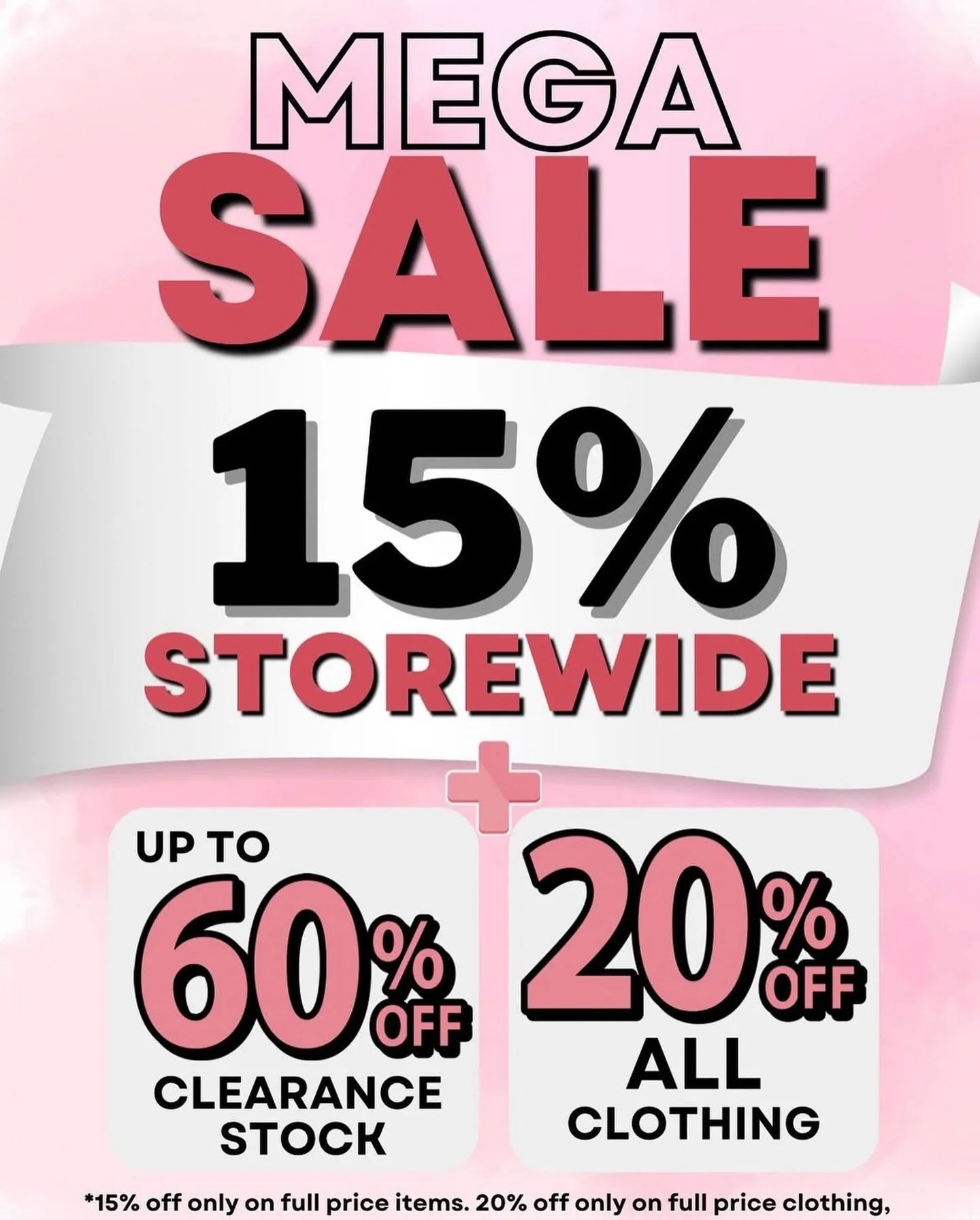 🚨MEGA SALE ALERT 🚨 
Starting tomorrow, Wednesday 11th March!🎉 Enjoy 15% OFF storewide, up to 60% OFF clearance items, and 20% OFF all clothing! 👗✨It&rsquo;s our BIGGEST sale yet&mdash; perfect time to grab amazing deals and shop for gifts! 🎁 Don