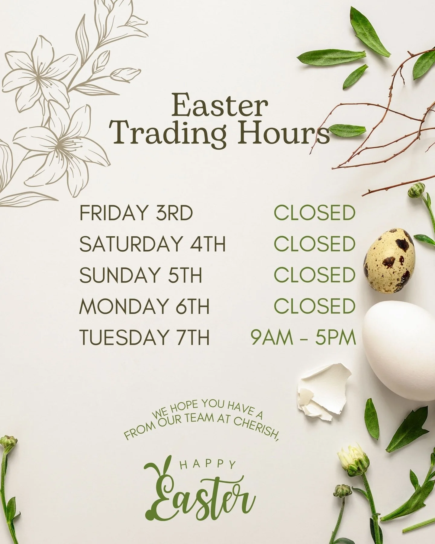 We will be closed during Easter and we hope you have a Happy Easter 🐣 Look forward to seeing you all back on Tuesday 7th April.

#cherishgiftsandhomewares