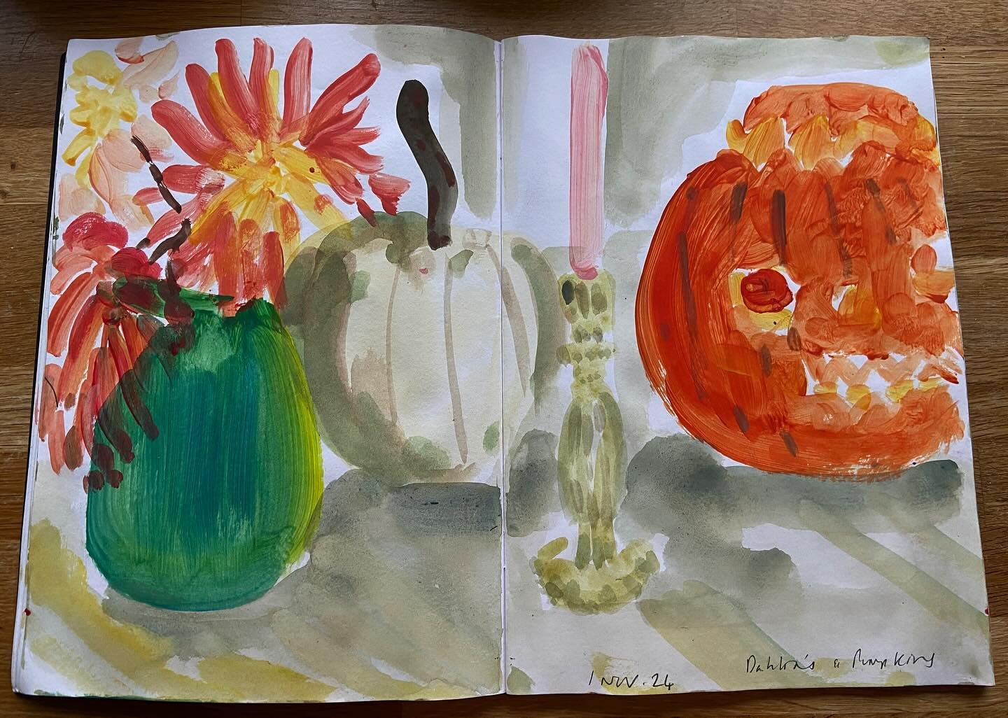 Last week&rsquo;s half term sketchbook play, painting the table contents with my girl, pumpkins &amp; dahlias by candlelight using some left over cheap paint. Dahlias have added much colour to the table this autumn. Such magnificent flowers. 

#sketc
