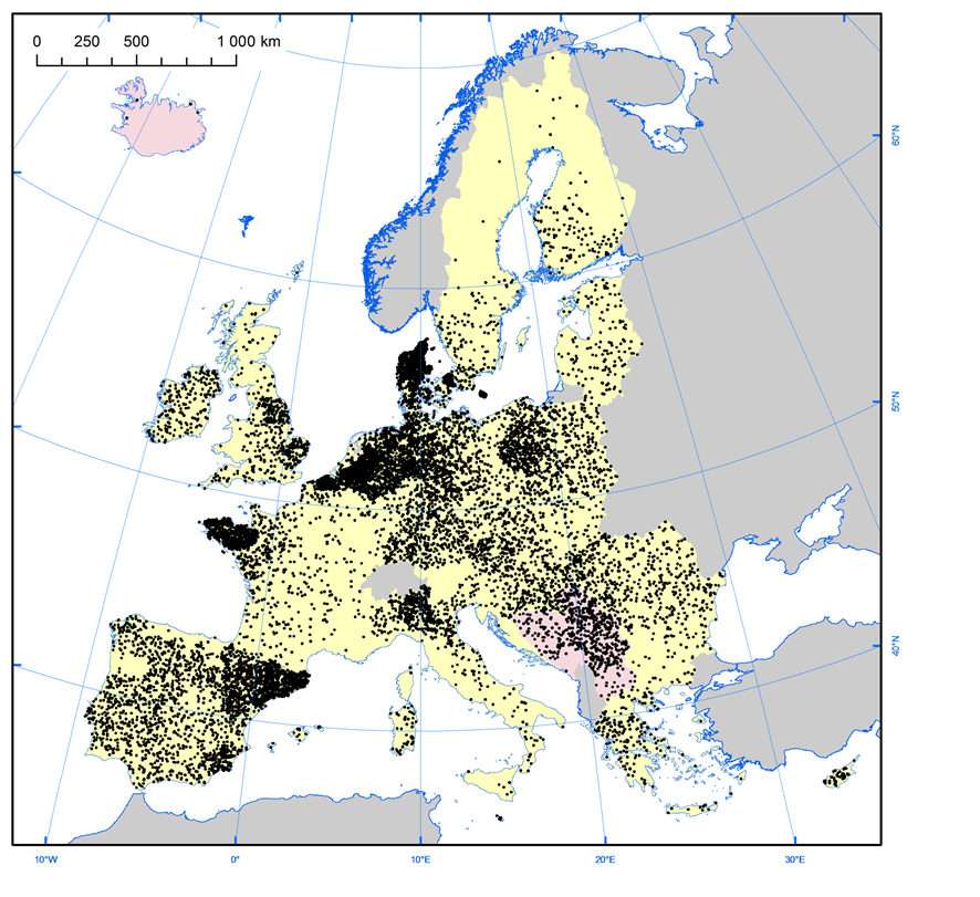 Map of hog production in Europe, with concentration clearly in the Netherlands. Source: Eurostat, 2013.