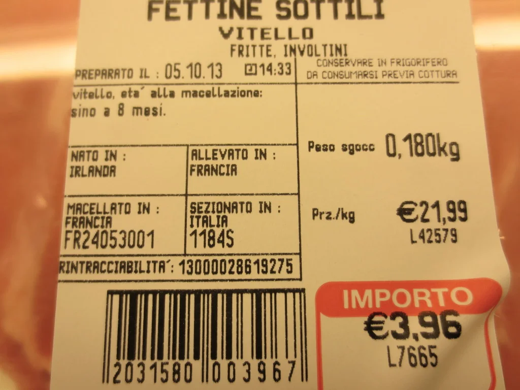 An example of traceability labeling in Europe. This cut of veal was born in Ireland, raised and slaughtered in France, and sectioned in Italy. Source: Texas A&M Meat Science
