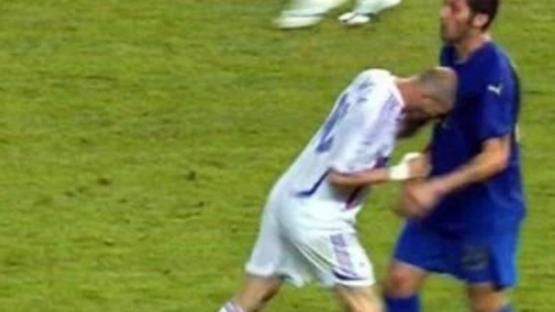 Zinedine Zidane headbutts Marco Materazzi in the final game of the World Cup 2006