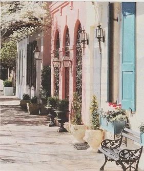 A charming Charleston street scene pictured in one of their ads – courtesy of Southern Living, February 2019
