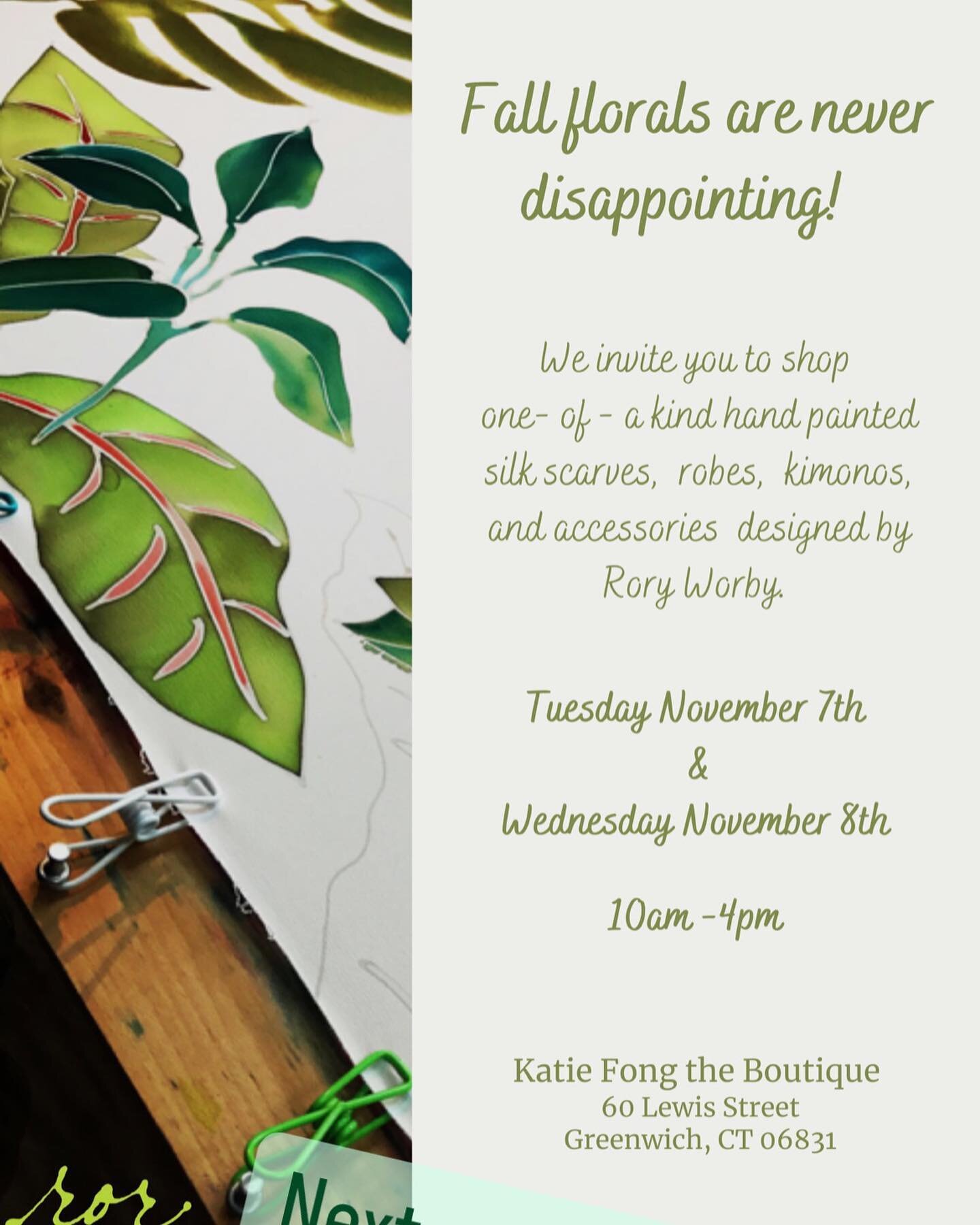 Kick off your Holiday shopping with me tomorrow and Wednesday @katiefongcollection in Greenwich!
Lots of new one-of-a-kind hand painted silk pieces. I am also taking custom orders for that special 🎁

#holidayshopping #custom #custommade #oneofakind 
