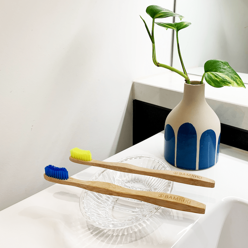 To keep it dry, don’t put it into a toothbrush container. Instead, place it over a stone or a glass bowl.