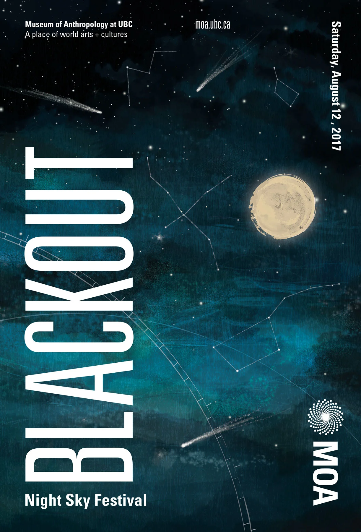  Blackout was an all-ages event at the Museum of Anthropology in 2017. Over 3000 people came to witness the Perseid Meteor Shower in the backyard of the museum.  Inspired by the global dark sky movement, Blackout brought together storytellers, musici