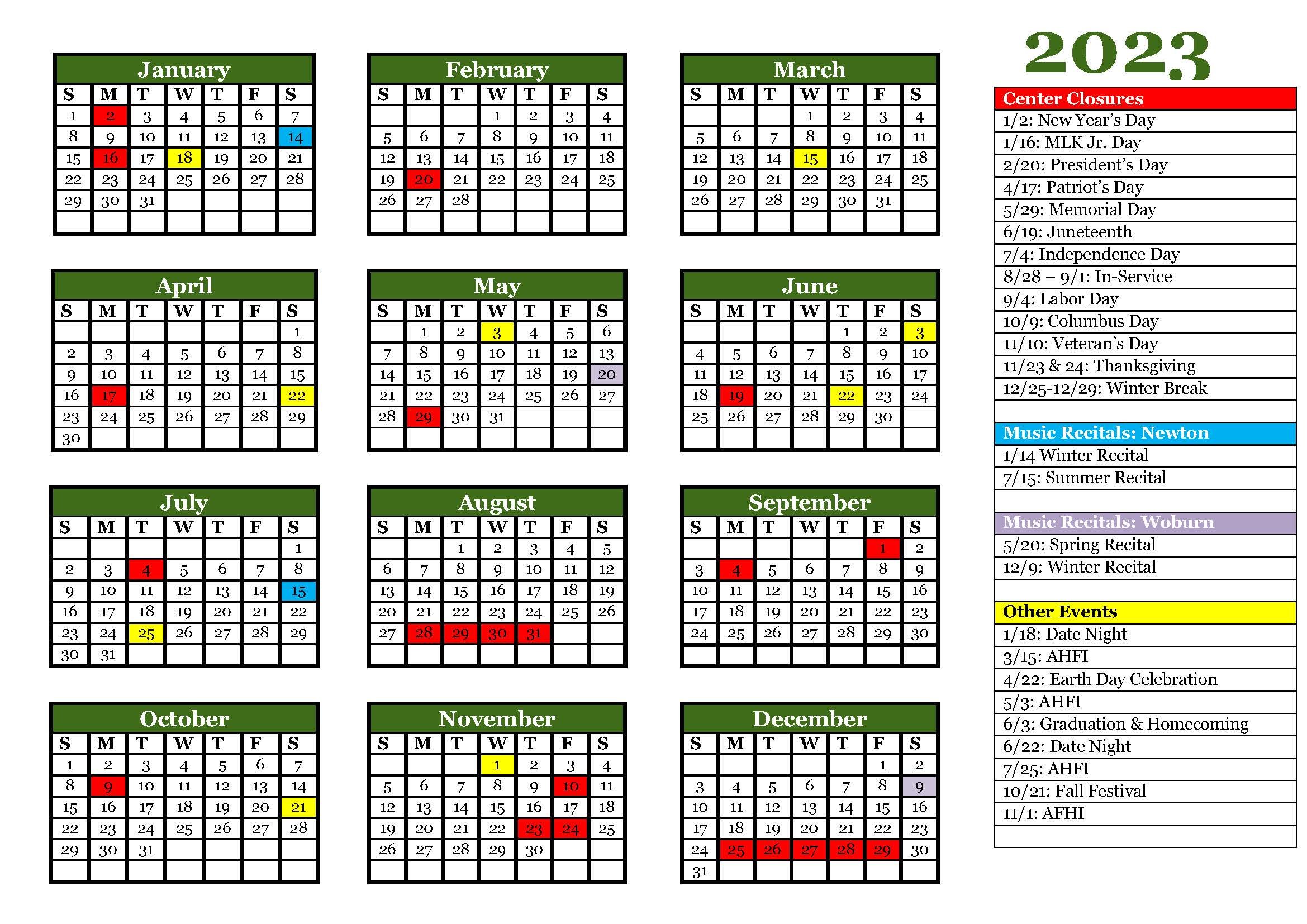 Calendar — Artisan Childcare Center