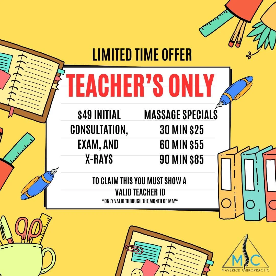 To all our amazing teachers in our community... THANK YOU for all that you do! 💙
As a small token of our appreciation, we're offering special pricing throughout May just for educators! 

Contact us today to book your appointment 📞

 #MaverickChirop