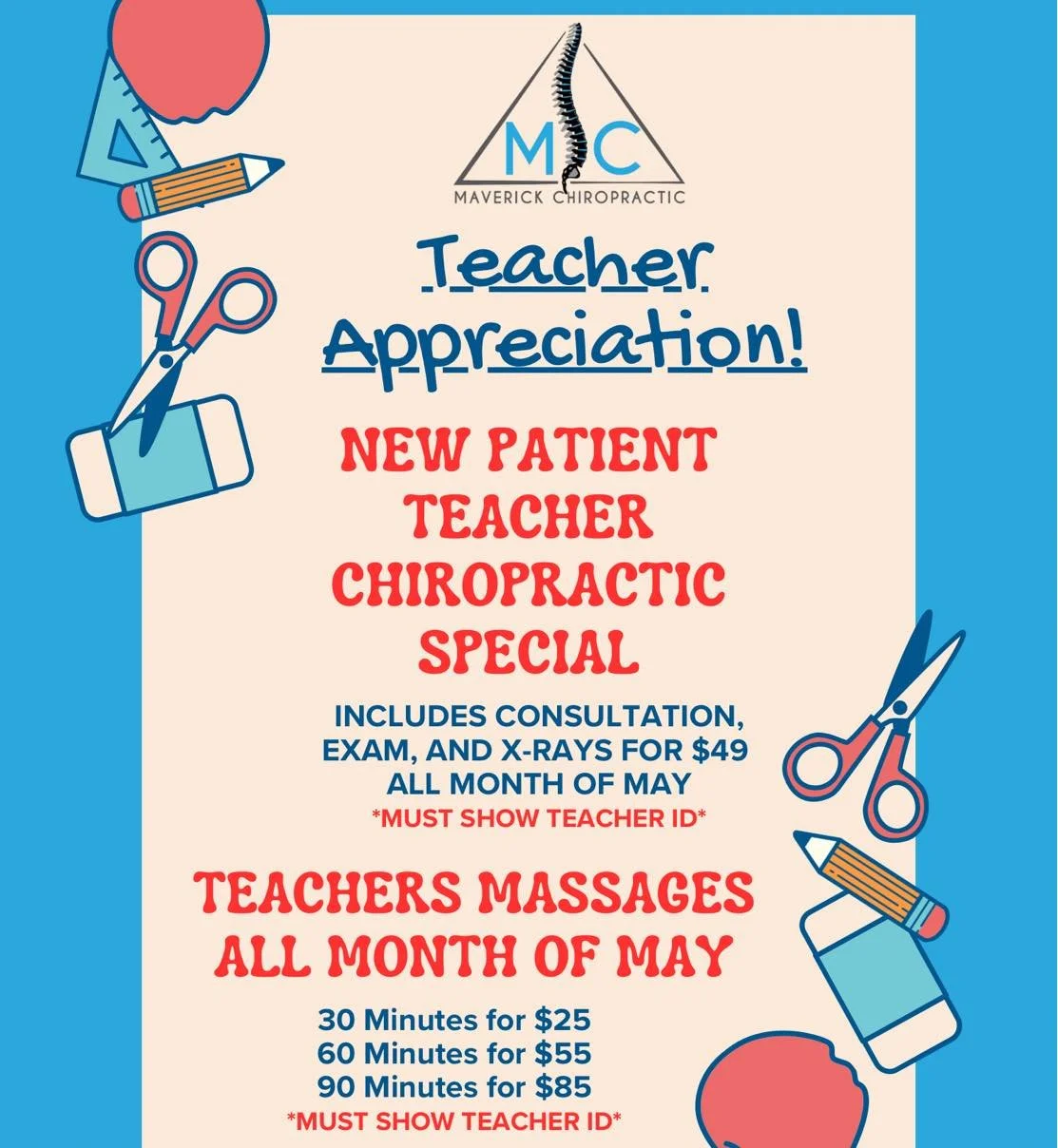 🍎 Teachers, this one&rsquo;s for YOU!
All month long in May, we&rsquo;re saying thank you with exclusive specials just for teachers ✨
📚 New patient exam, consultation &amp; X-rays for just $49
💆 Teacher massages starting at $25
Must show valid tea