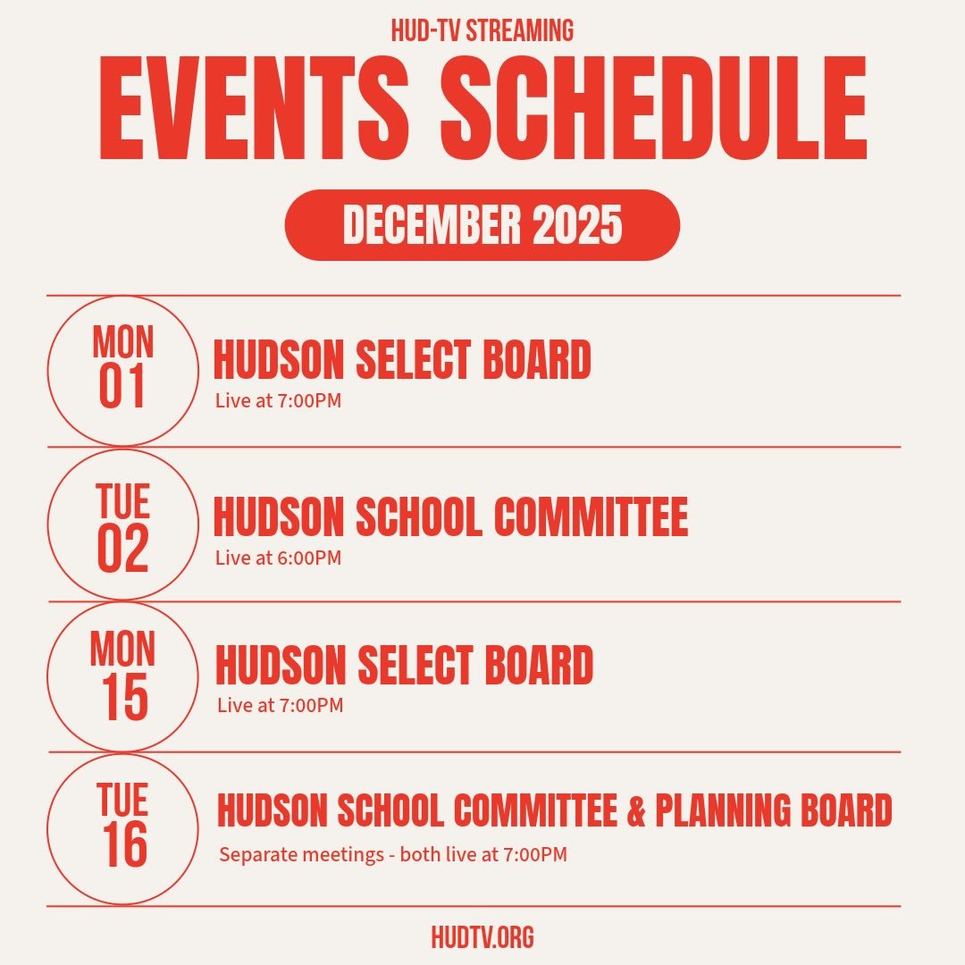 Stay in the know! Here&rsquo;s Hud-TV&rsquo;s December live-streaming schedule for town and school events ❄️☃️

Any changes to scheduled events will be updated.