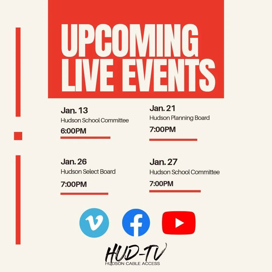 Here&rsquo;s Hud-TV&rsquo;s January live-streaming schedule for town events ❄️

All events stream live to Vimeo, Facebook, and YouTube.