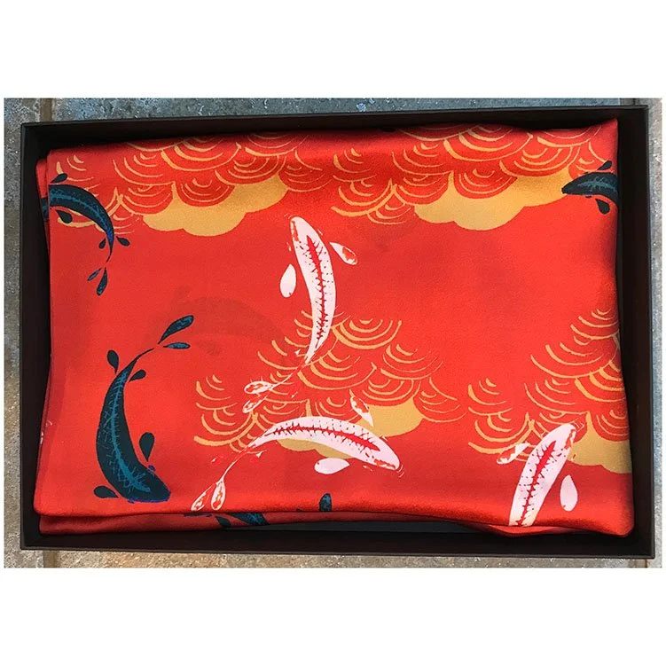 Silk Scarf - Leaping Fish - Orange background, gold, white, green pattern