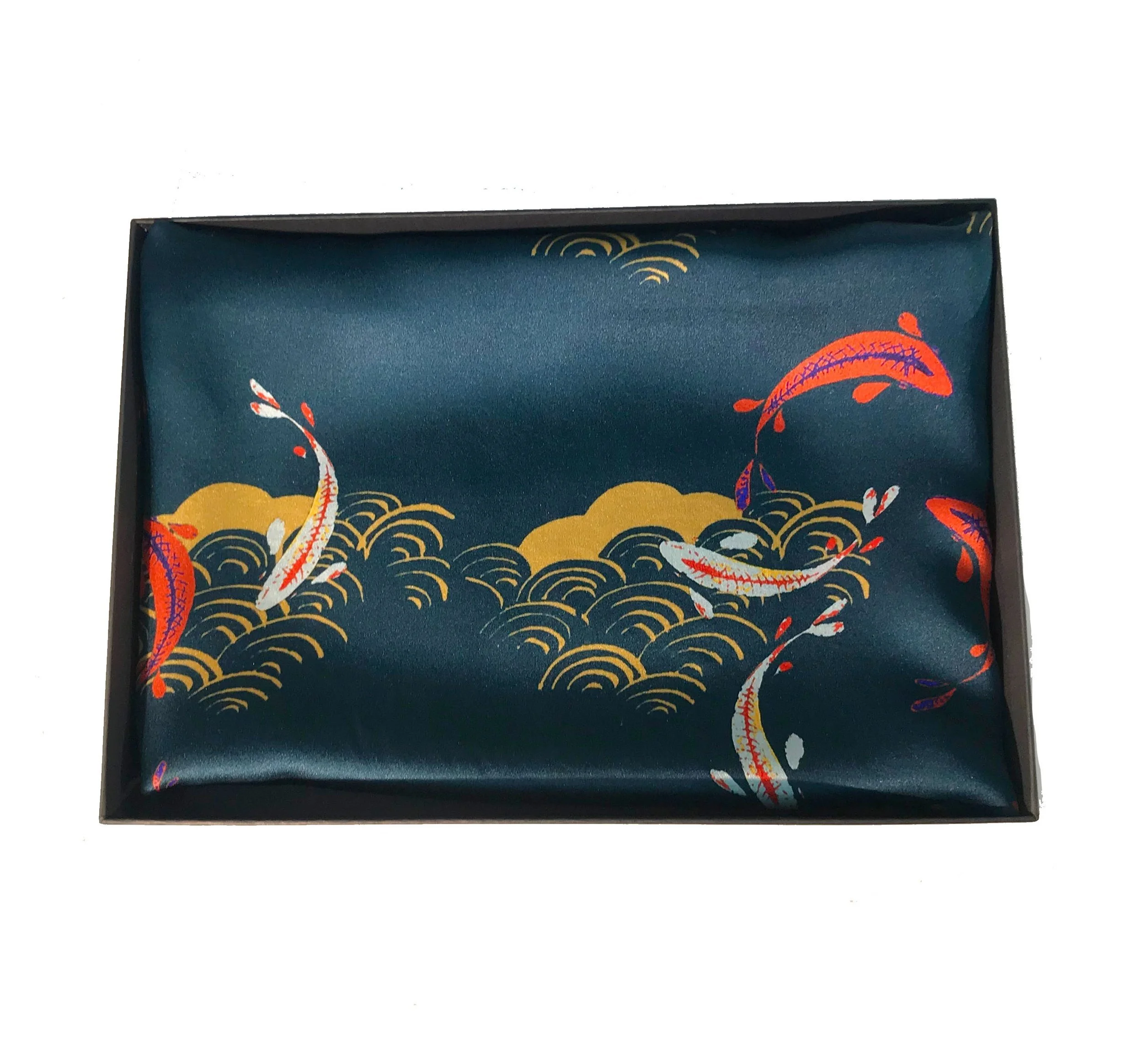 Silk Scarf - Leaping Fish - Green background, red, gold, white pattern