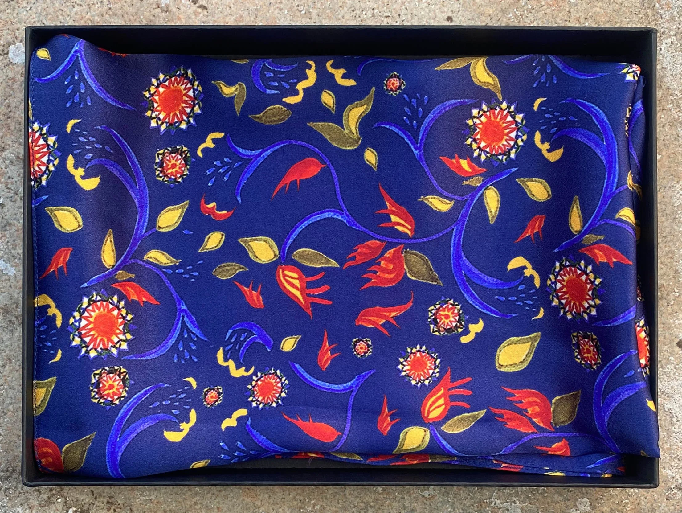 Folksy Floral Design Blue Silk Scarf